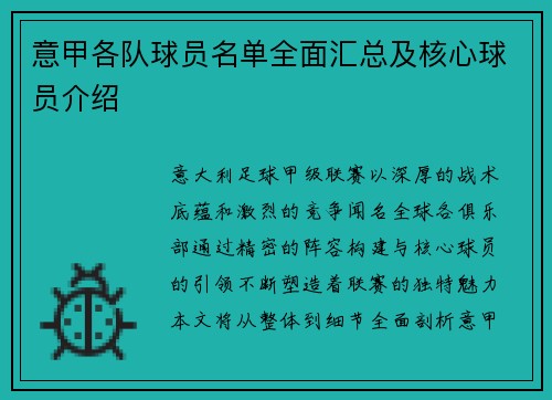 意甲各队球员名单全面汇总及核心球员介绍